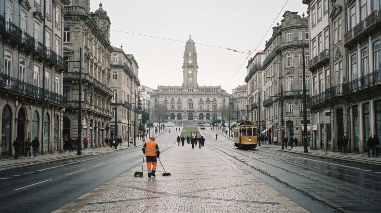 The Avenida dos Aliados looking uphill to the city hall tower at 08:30 with wet granite paving and a few early walkers, Baixa Porto