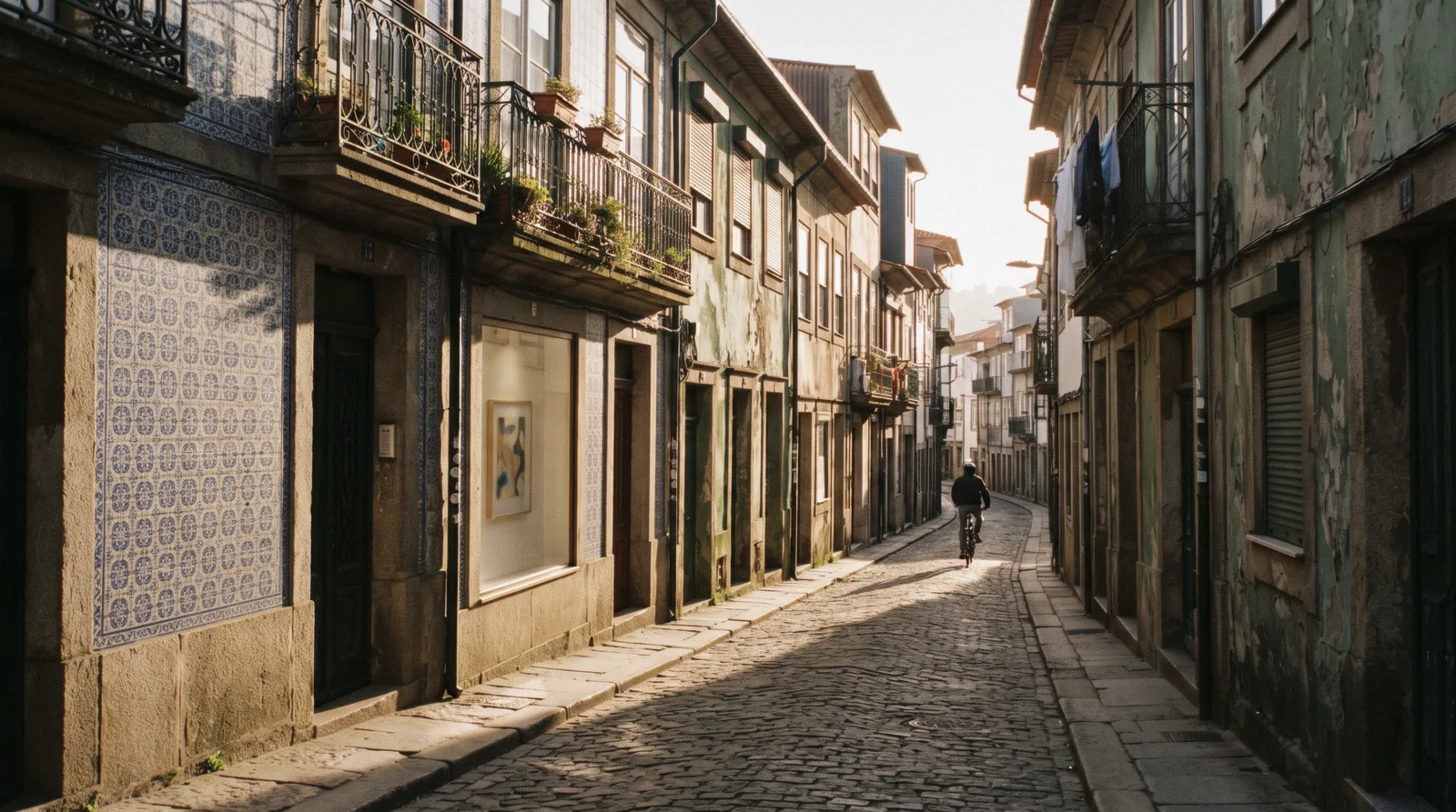 The pedestrian Rua de Cedofeita at 10:40 with painted shopfronts, a gallery window and two walkers small in the distance under granite facades, Cedofeita Porto