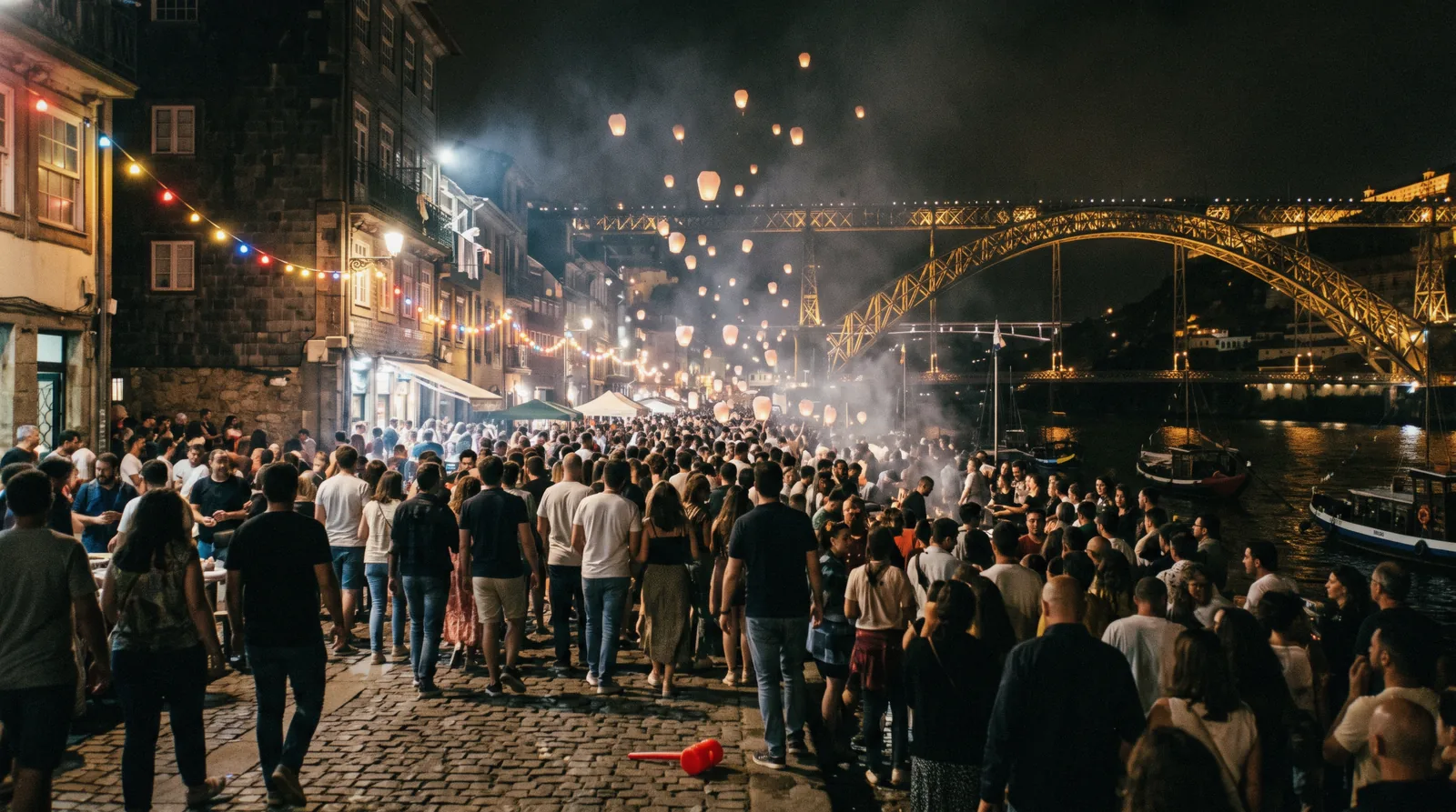 The Ribeira quay packed at 23:40 on the night of São João, paper lanterns and grill smoke over the crowd with the Luís I bridge lit behind, backs of onlookers small in the frame, the biggest night on the Porto events calendar