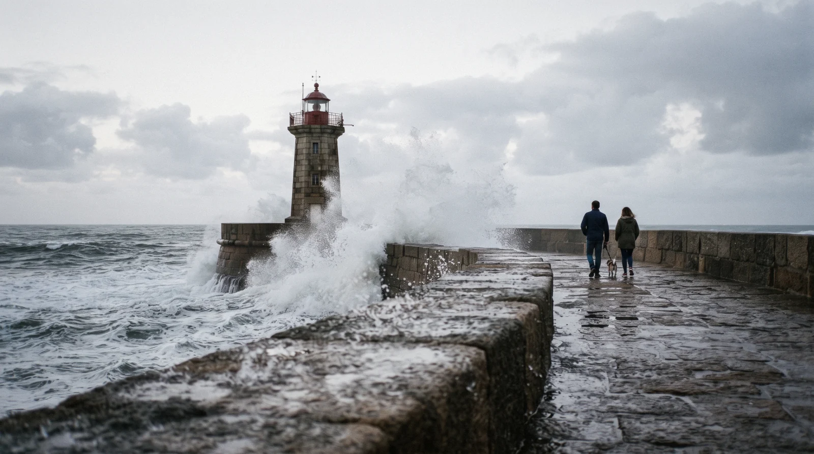 The Pergola promenade and the Atlantic breakwater at Foz do Douro at 19:30 in September with spray over the sea wall and walkers small along the colonnade, Foz do Douro Porto