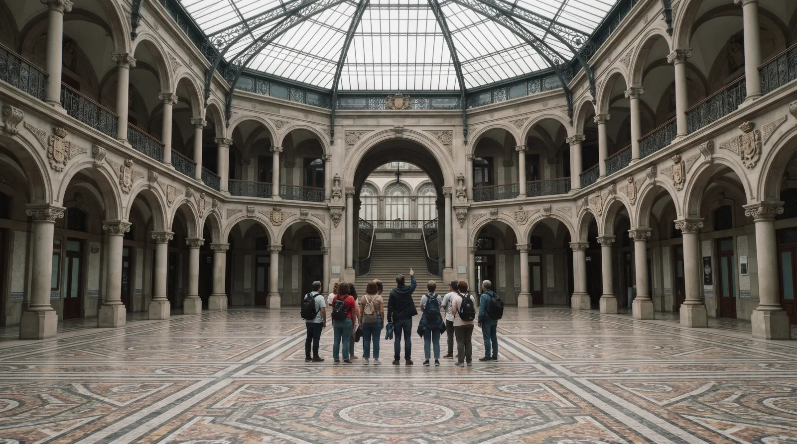 The ticket desk and the language board inside the Nations Courtyard of the Palácio da Bolsa at 09:10, visitors waiting under the glass dome for the first tours, Palácio da Bolsa tickets Porto