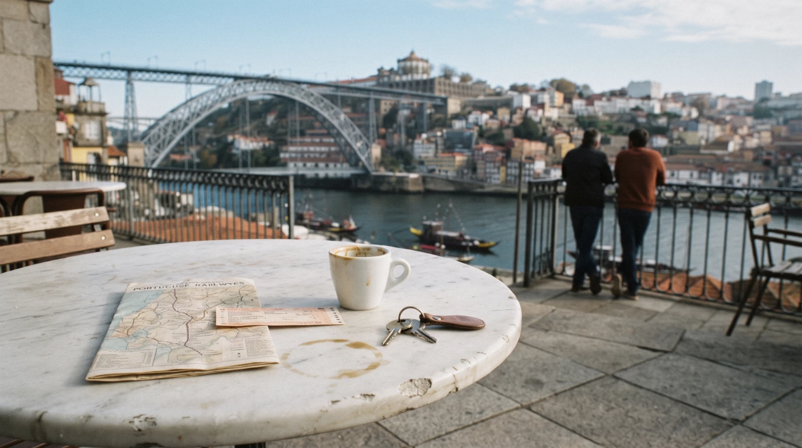 A rail ticket and a folded map of northern and southern Portugal on a marble café table above the Douro, the Porto or Lisbon decision at the start of a trip