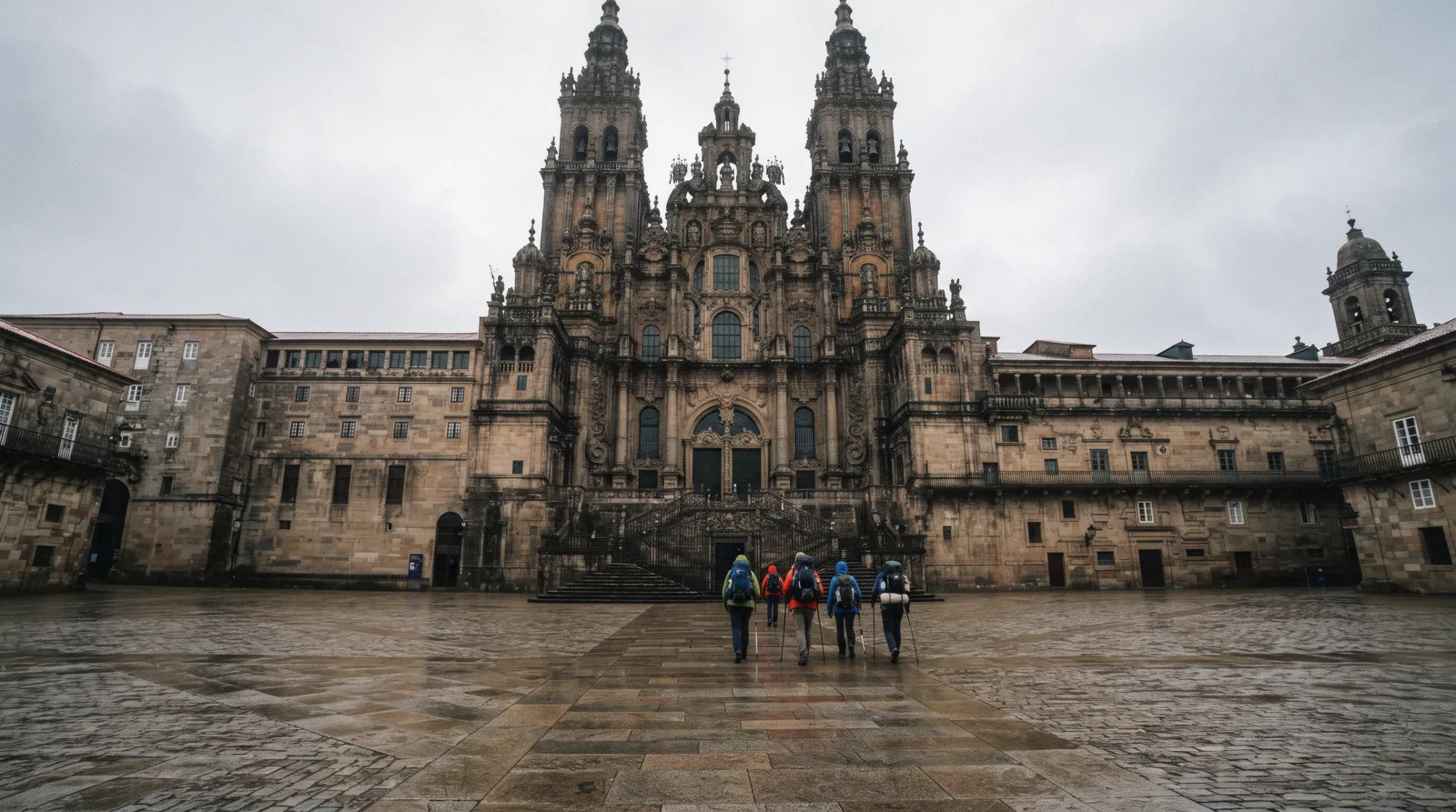 The baroque west front of Santiago de Compostela cathedral above the Praza do Obradoiro at the end of a day trip from Porto