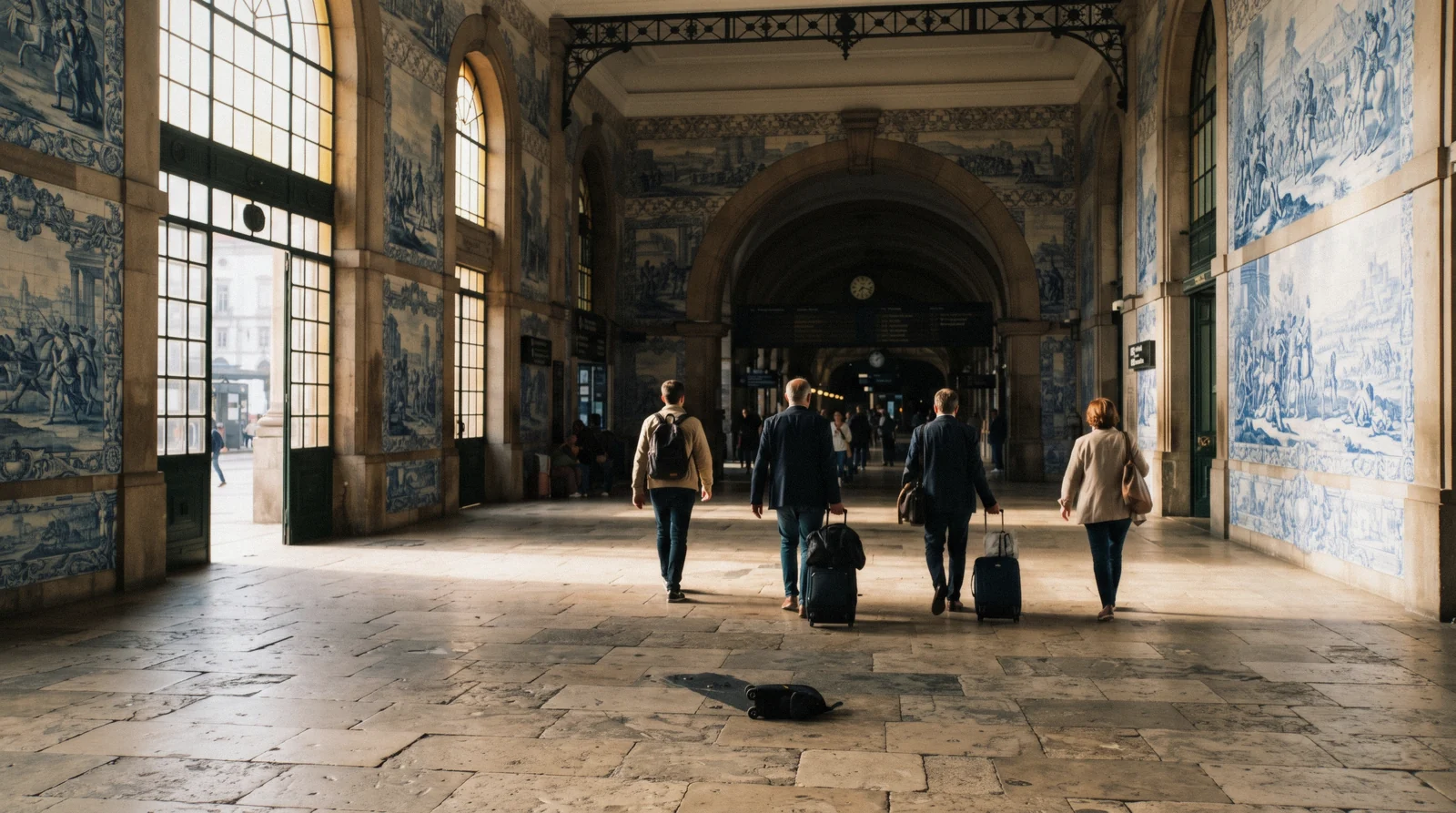 The azulejo vestibule of São Bento station at 08:20, the blue-and-white panels of the Conquest of Ceuta lit from the high windows and a commuter crossing towards the platforms, São Bento station Porto
