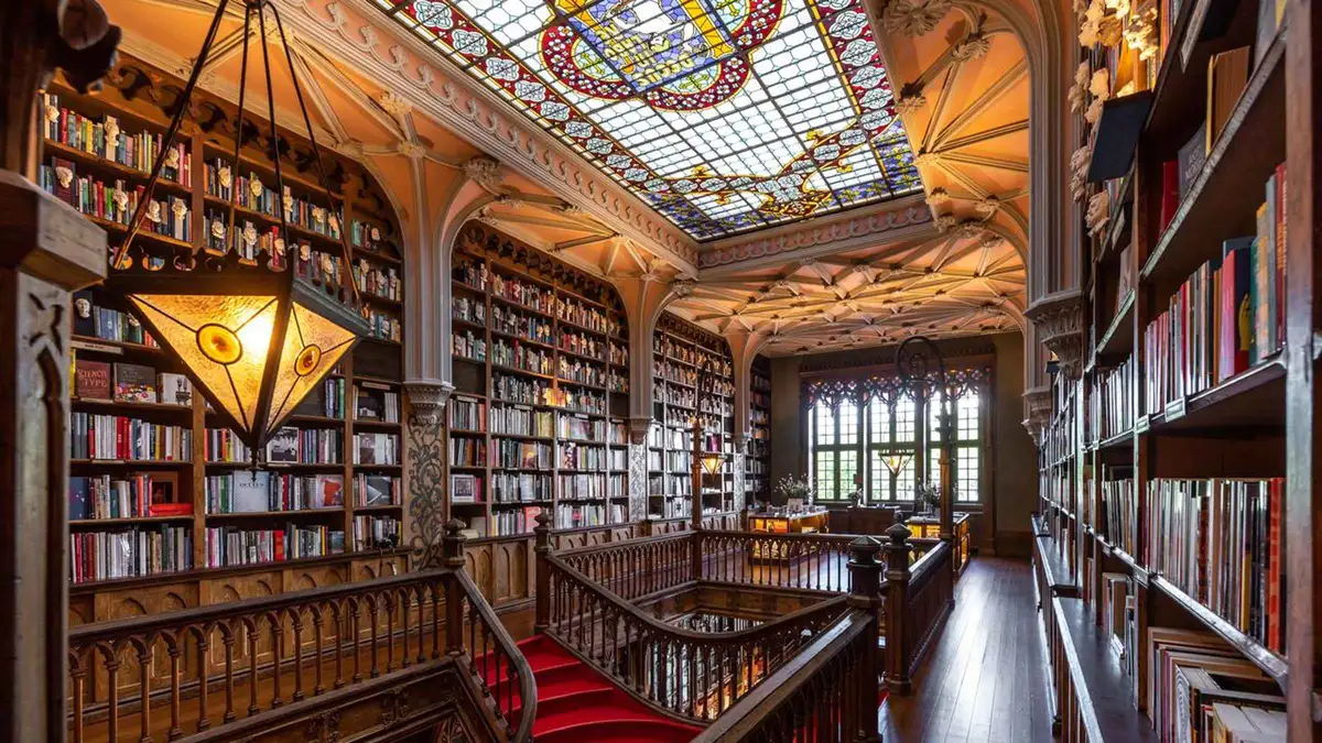 The red staircase and stained-glass ceiling inside Livraria Lello bookshop in Porto
