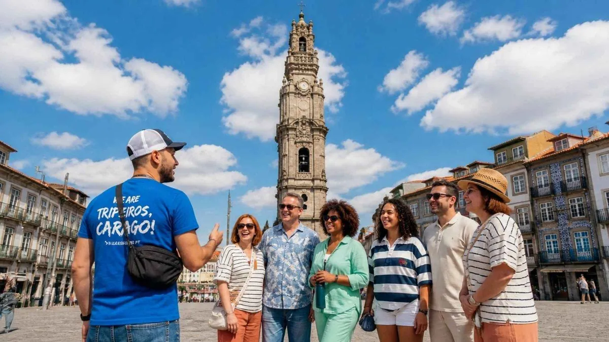 A guide in a blue t-shirt with a walking-tour group in front of the Clérigos Tower in Porto
