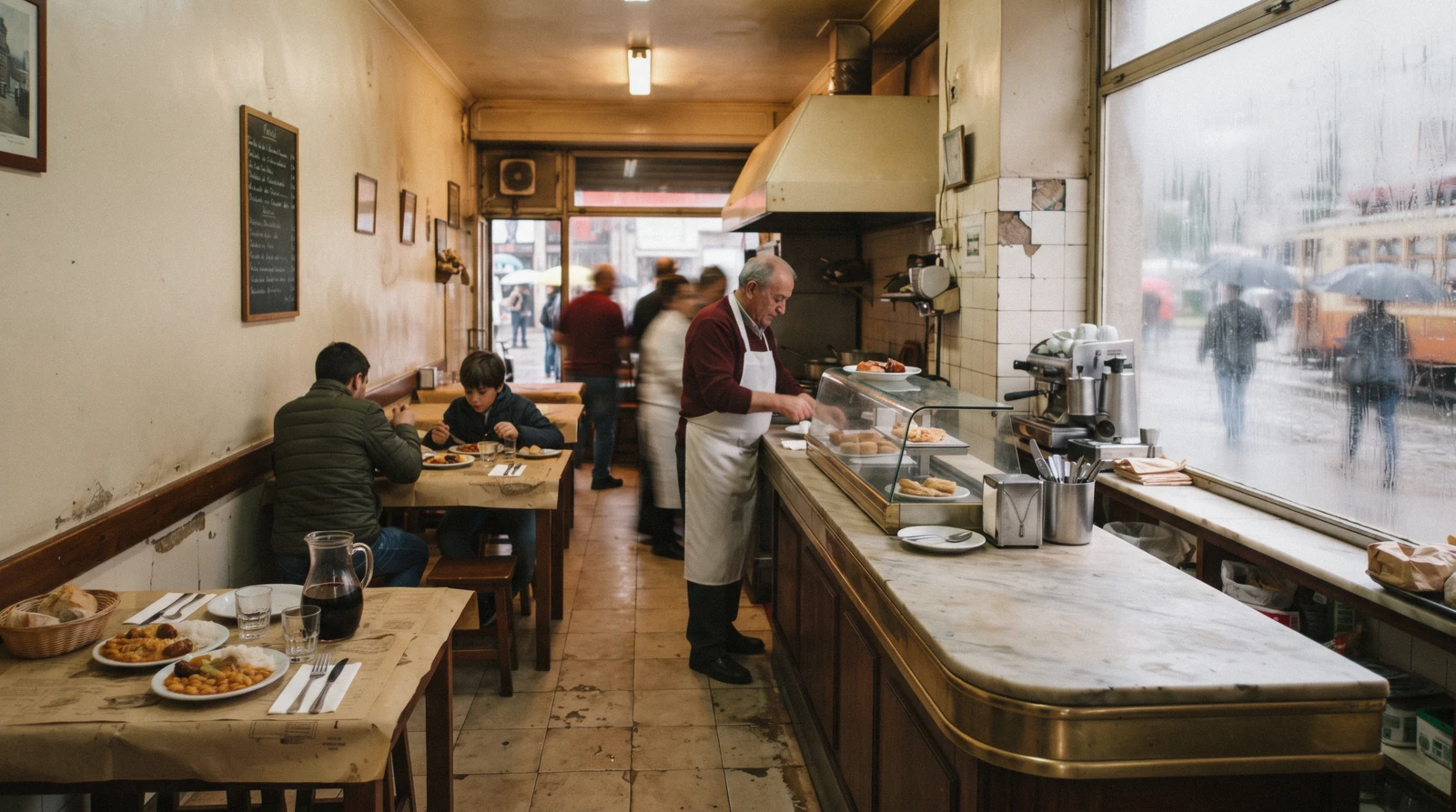 A marble counter in a Porto casa de pasto at 13:20, plates of tripas and a glass of vinho verde under a fogged window, two customers small and seen from behind, the everyday version of where to eat in Porto